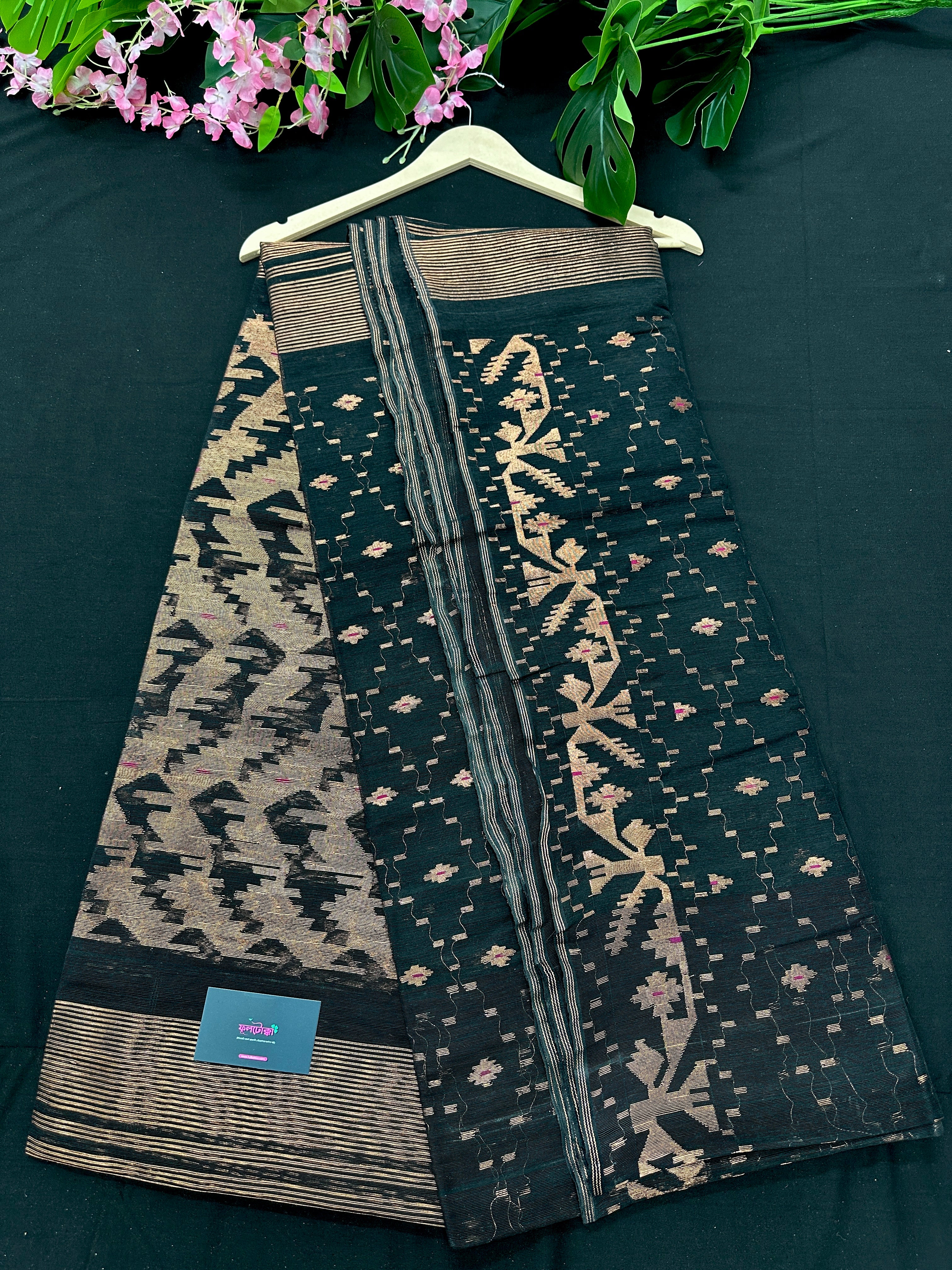 Black With Copper Jori Work  Jamdani Saree.