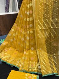 Yellow Original Handloom Dhakai Jamdani With Golden Silver & Copper Jori Work