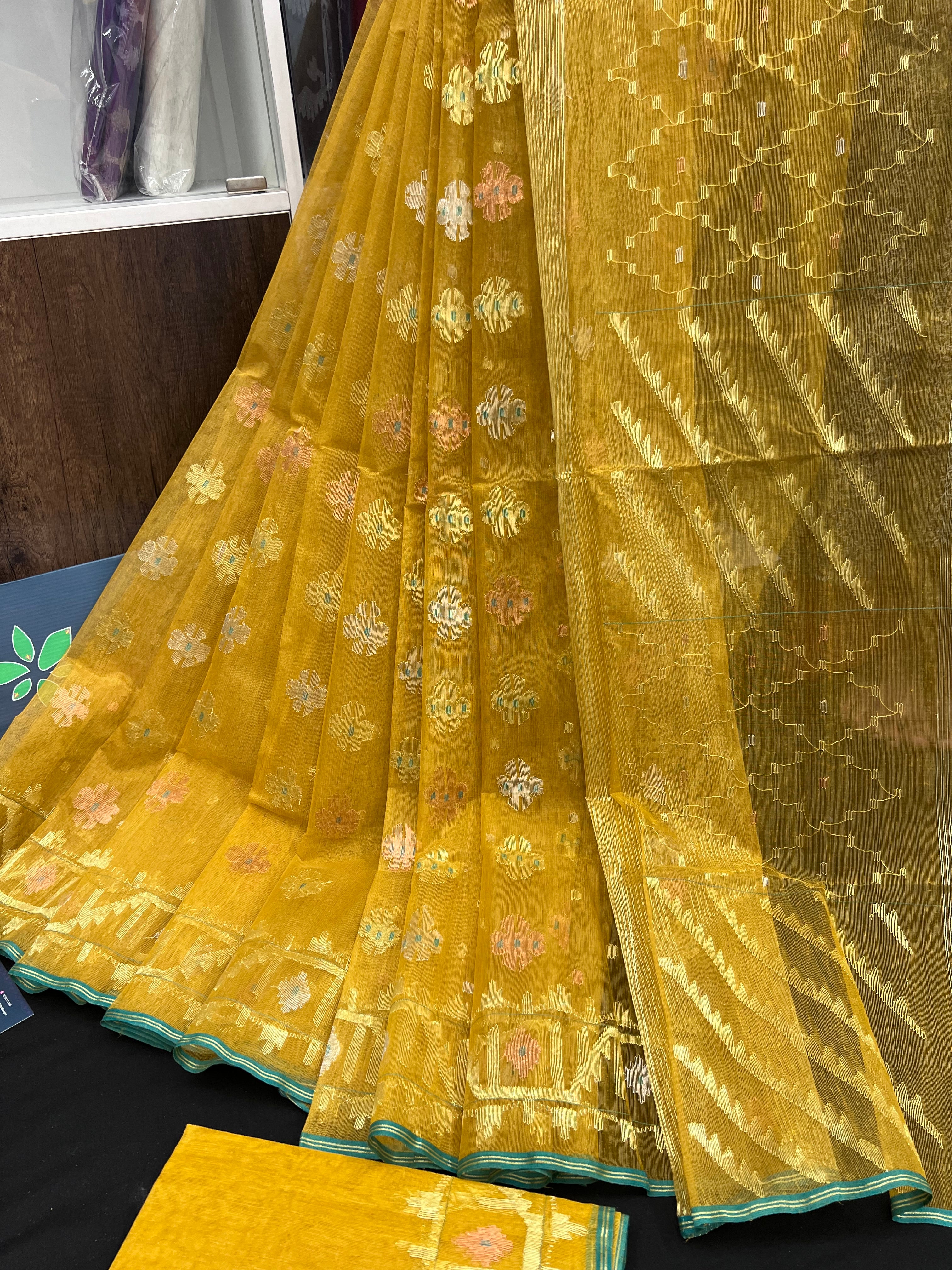 Yellow Original Handloom Dhakai Jamdani With Golden Silver & Copper Jori Work