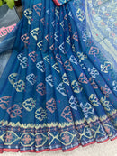 Peacock blue handloom original dhakai Jamdani saree with golden silver & copper jori wori work
