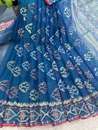 Peacock blue handloom original dhakai Jamdani saree with golden silver & copper jori wori work