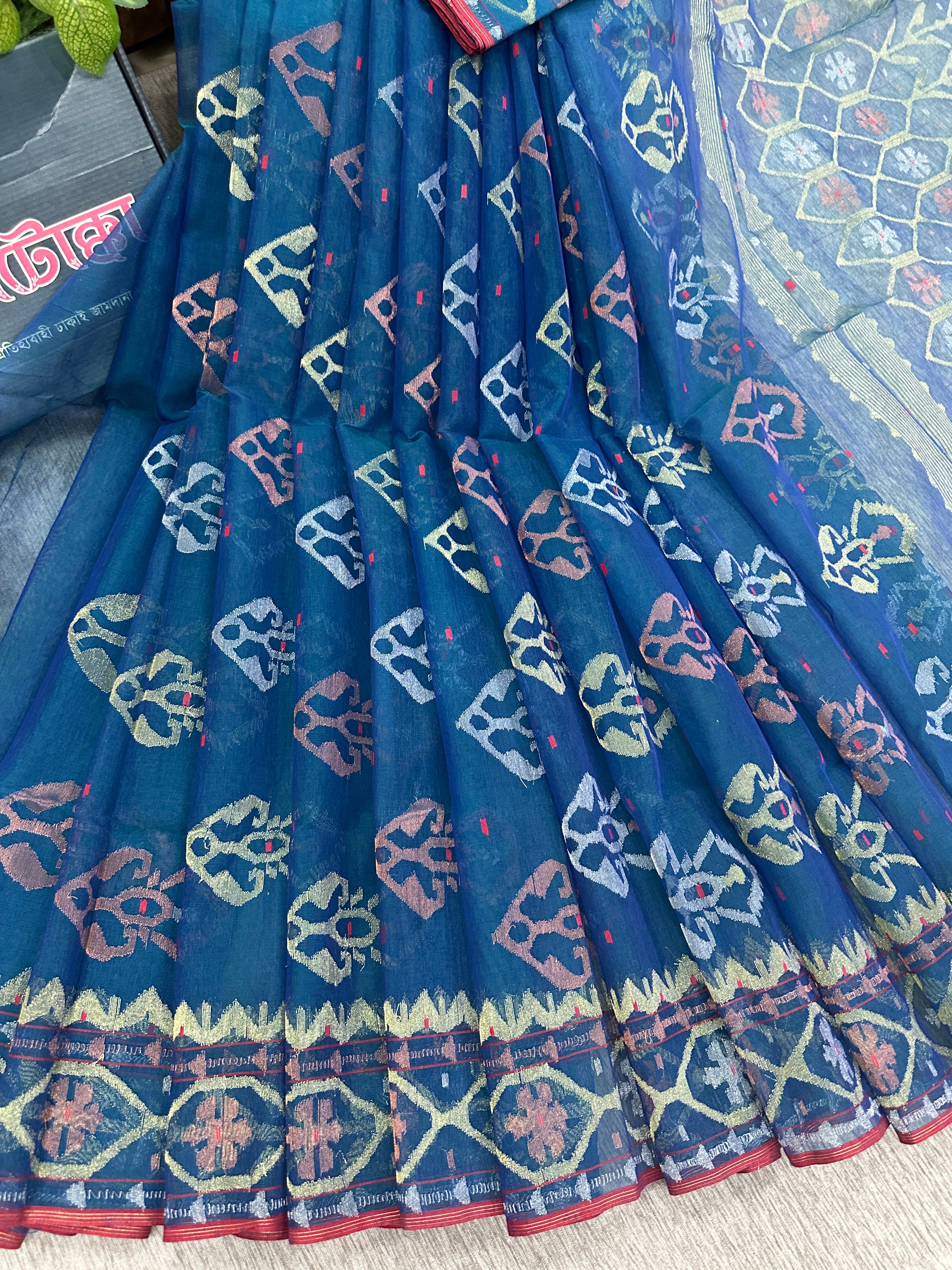 Peacock blue handloom original dhakai Jamdani saree with golden silver & copper jori wori work