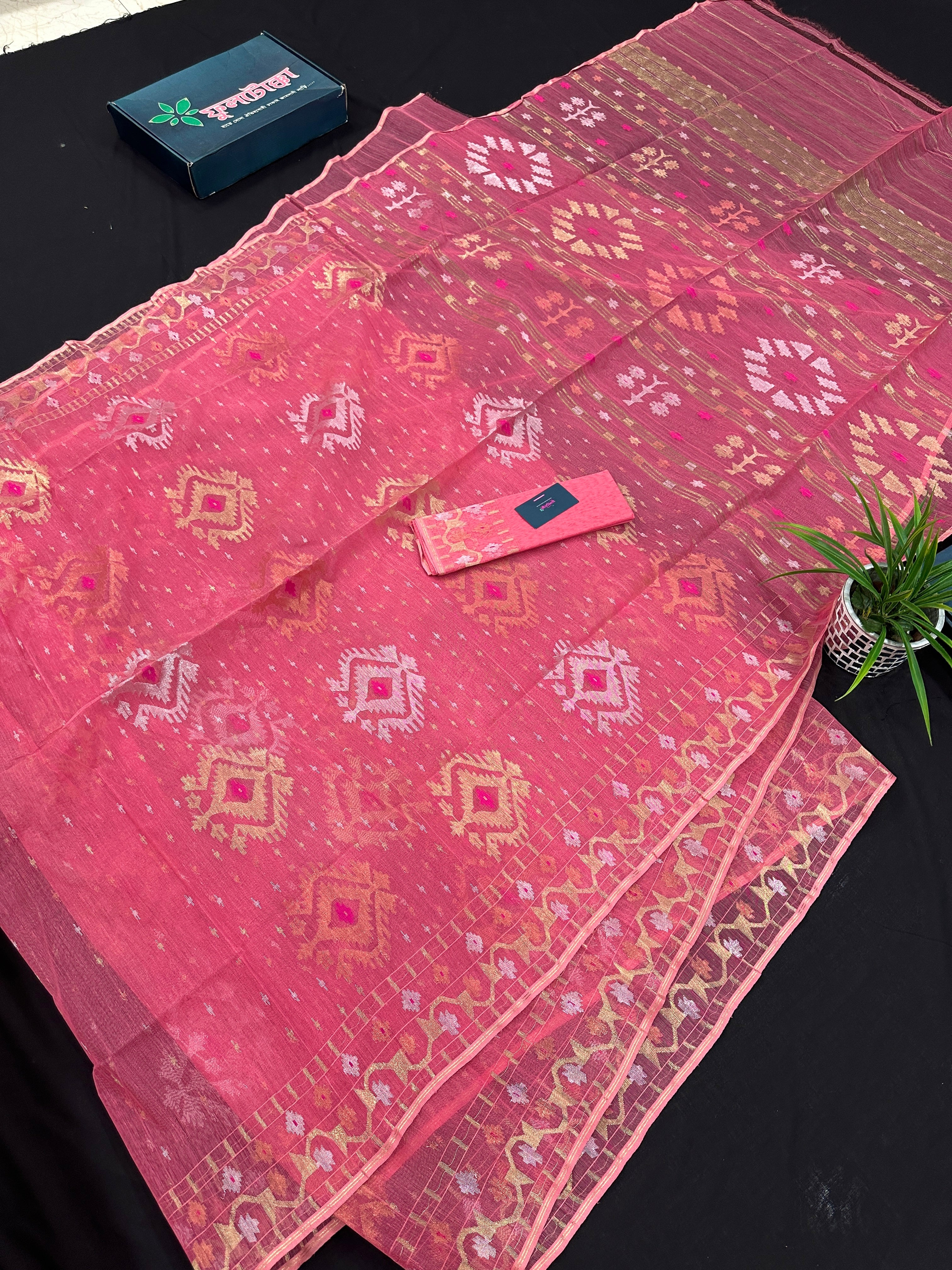 Peach pink jamdani saree with golden silver & copper jori work.