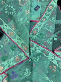 Bright Teal Blue dhakai Jamdani saree with pink border all over work soft count.