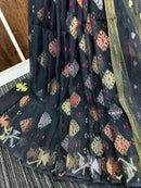 Black halfsilk jamdani saree with golden silver & copper jori work and magenta meena work