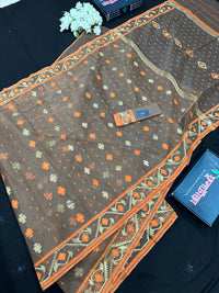 Peanut Brown dhakai jamdani saree with orange threads work & golden jori work all over soft count.