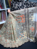 Dark olive halfsilk jamdani saree with orange off white coffe threads work