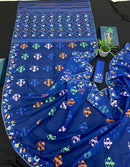 Royal blue jamdani saree with green pink blue orange threads work.