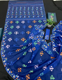Royal blue jamdani saree with green pink blue orange threads work.