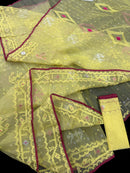 Pastel yellow dhakai jamdani saree with yellow threads silver & copper jori work all over work soft count.