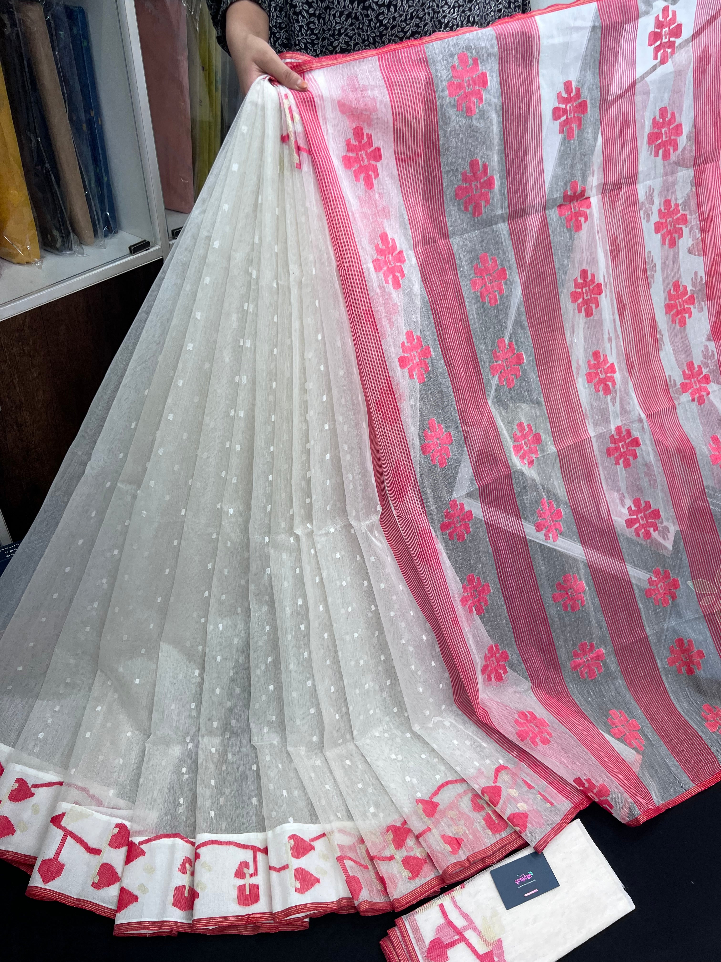 White & Red Original Handloom Cotton Dhakai Jamdani