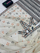 White cotton jamdani saree with orange & black threads work.