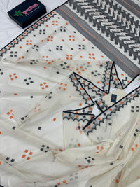 White cotton jamdani saree with orange & black threads work.