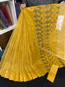 Yellow halfsilk jamdani saree with yellow orange threads work