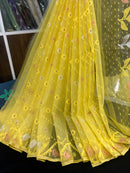 Yellow halfsilk jamdani saree with golden silver & copper jori work and self threads work