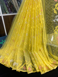 Yellow halfsilk jamdani saree with golden silver & copper jori work and self threads work