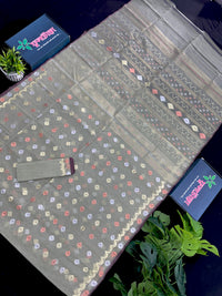 Olive halfsilk jamdani saree with golden silver & copper jori work