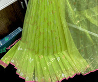 Lemon halfsilk jamdani saree with golden silver & copper jori work and pink border