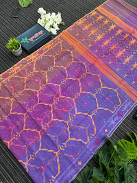 Tripple shaded dual toned halfsilk jamdani saree with orange pink purple threads work