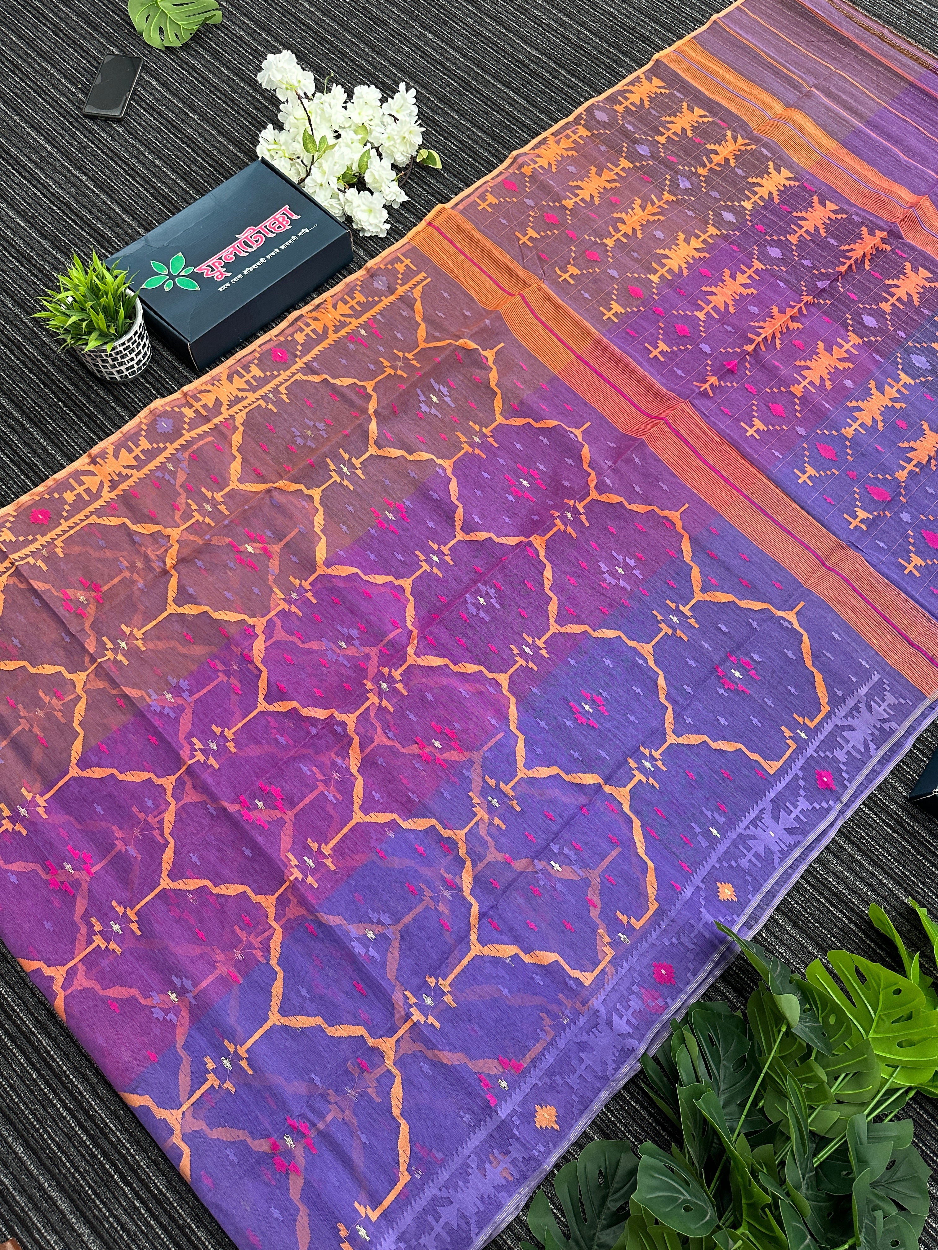 Tripple shaded dual toned halfsilk jamdani saree with orange pink purple threads work