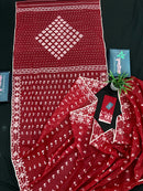 Maroon jamdani saree with white thread work.