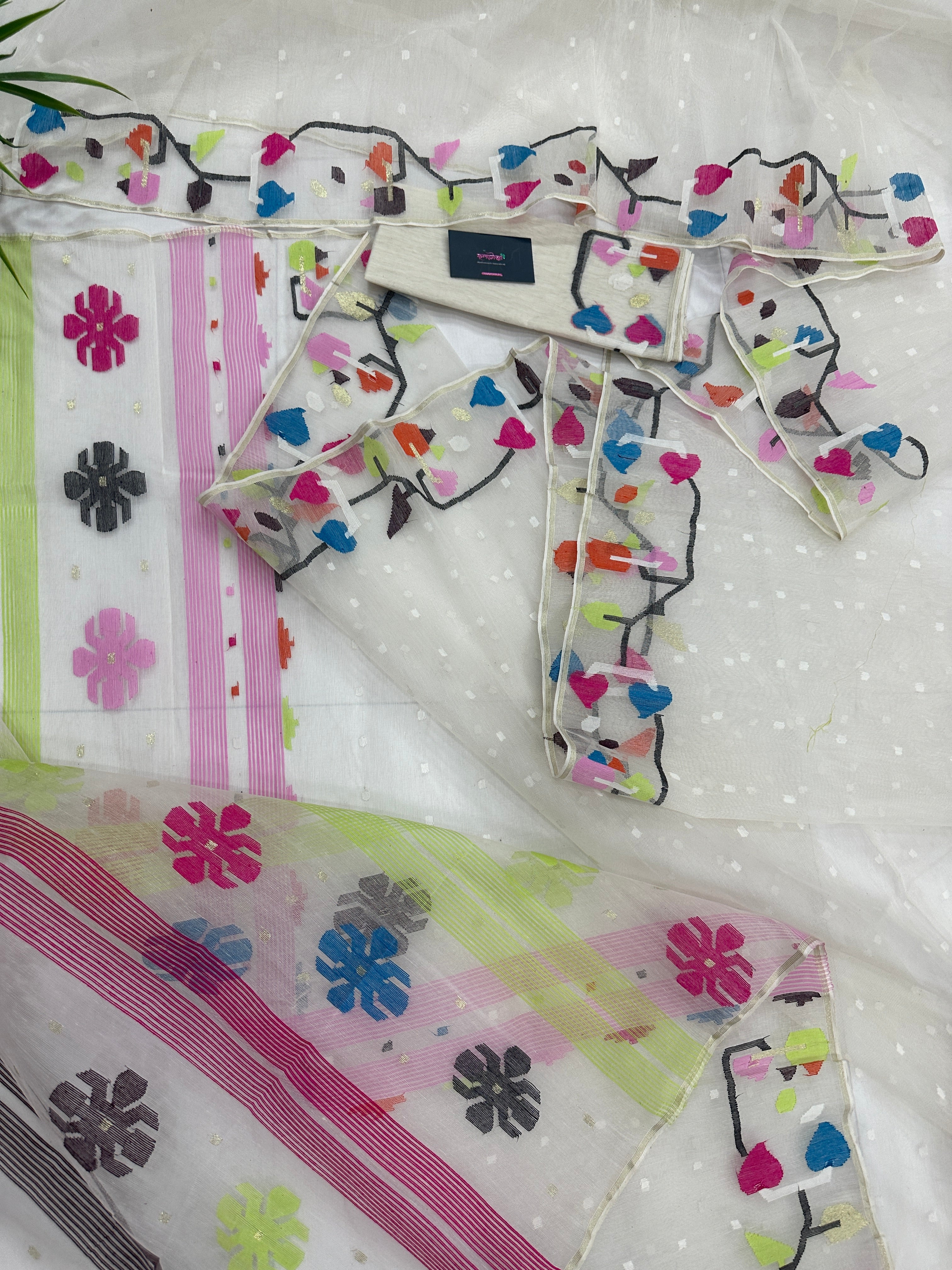 White Jamdani Saree With Multiple Threads Work.
