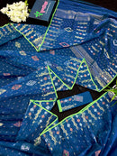 Sea blue dhakai jamdani saree with golden silver & copper jori work soft count.