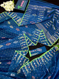 Sea blue dhakai jamdani saree with golden silver & copper jori work soft count.