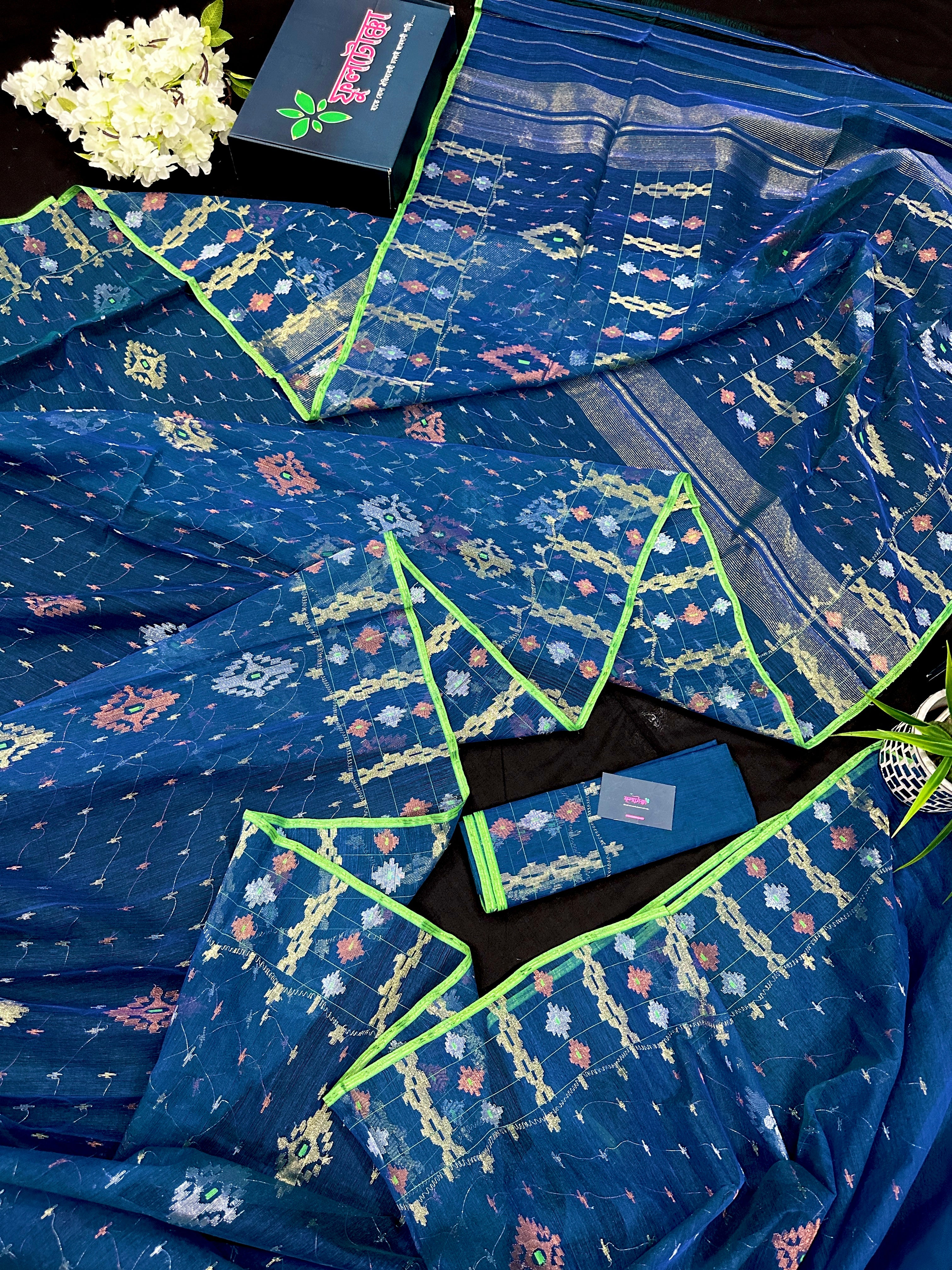 Sea blue dhakai jamdani saree with golden silver & copper jori work soft count.