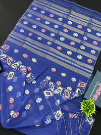 Royal Blue Original Handloom Dhakai Jamdani Saree With Golden Silver & Copeer Jori Work