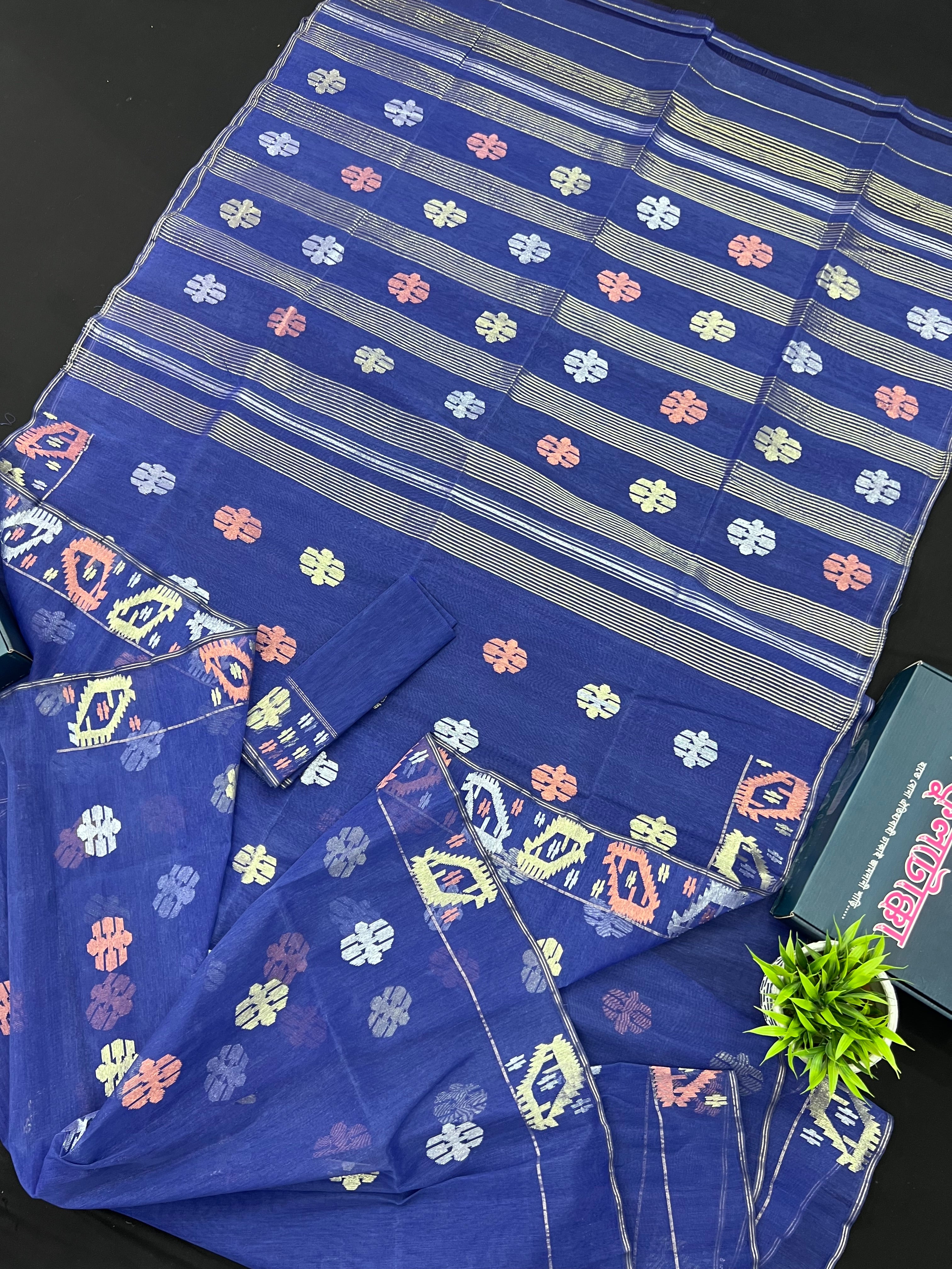 Royal Blue Original Handloom Dhakai Jamdani Saree With Golden Silver & Copeer Jori Work