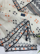 White cotton jamdani saree with orange & black threads work.