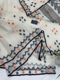 White cotton jamdani saree with orange & black threads work.