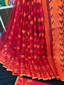 Maroon red jamdani saree with orange and red threads work