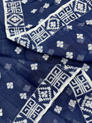 Deep blue jandani saree with white threads all over work.