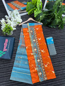 Fanta orange halfsilk jamdani saree with golden jori work and blue orange threads work