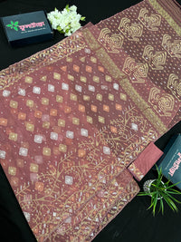Nude Onion Exclusive Dhakai Jamdani saree with golden silver & copper jori work.
