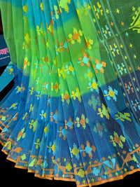 Tripple shaded halfsilk jamdani saree with yellow blue orange threads work.