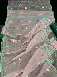 Baby pink jamdani saree with blue pink green threats work and blouse piece.