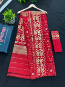 Red semi bridal halfsilk jamdani saree with all over golden jori work