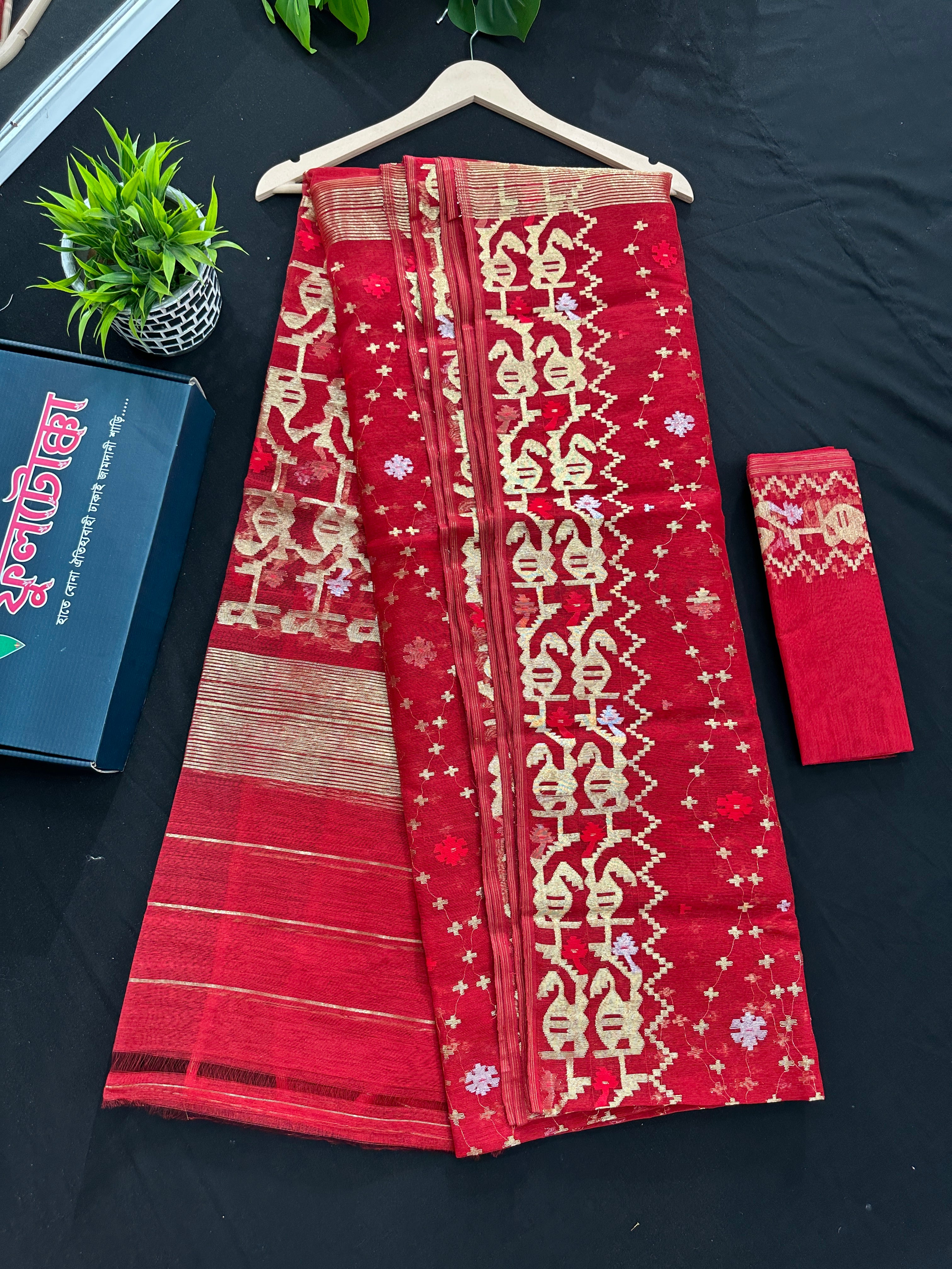 Red semi bridal halfsilk jamdani saree with all over golden jori work