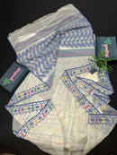 White cotton jamdani saree with blue yellow red green threads work& blouse piece.