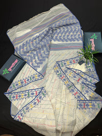 White cotton jamdani saree with blue yellow red green threads work& blouse piece.