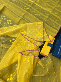 Yellow colour handloom halfsilk dhakai jamdani saree with pink border
