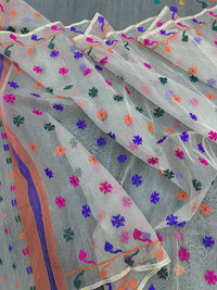 White jamdani saree with purple pink green orange threads work.