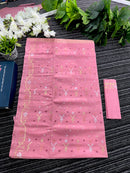 Nion pink halfsilk jamdani saree with golden silver jori work and pink threads work
