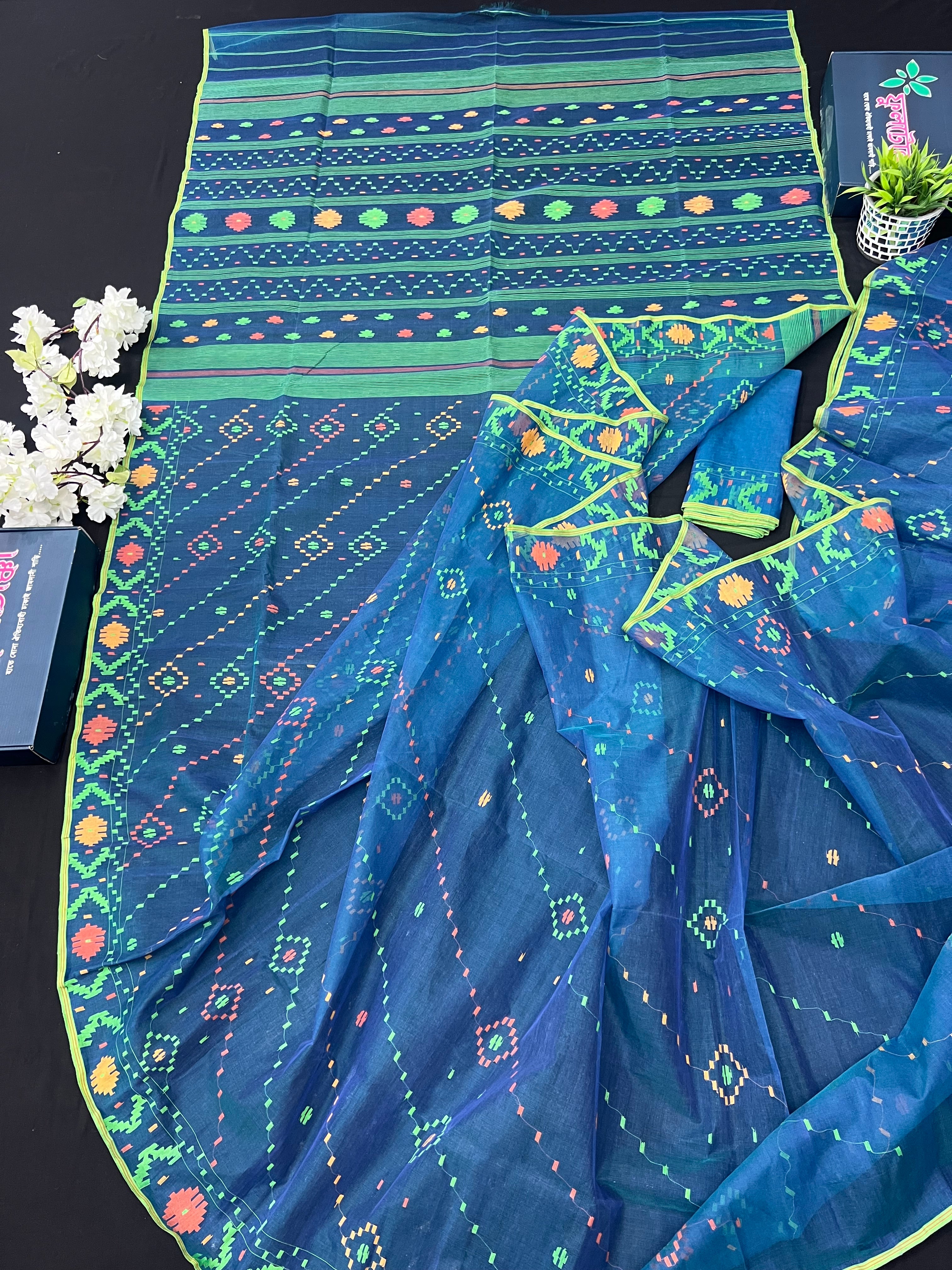 Sea Green Original Handloom Dhakai Jamdani With Orange Green & Yellow Threads Work