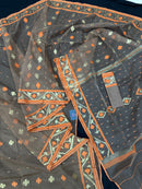 Peanut Brown dhakai jamdani saree with orange threads work & golden jori work all over soft count.