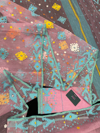 Pink jamdani saree with blue white yellow orange threads work and blouse piece.