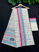 White jamdani with pink border.